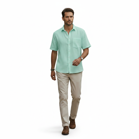 Men's Linen Short Sleeve Button Down Shirt with Chest Pocket