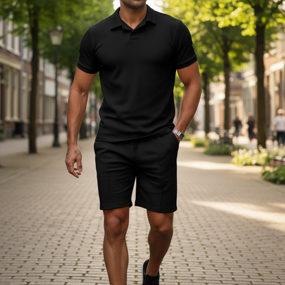 Men's Geometric Print Short Sleeve Polo Shirt with Matching Shorts Set