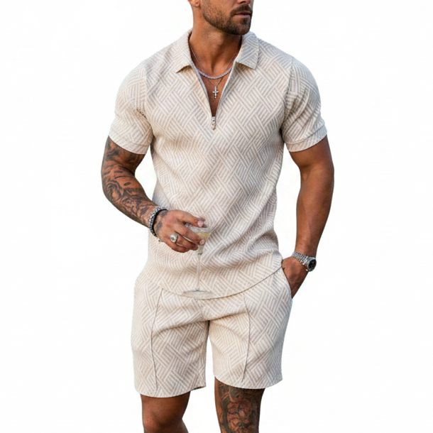 Men's Geometric Print Short Sleeve Polo Shirt with Matching Shorts Set