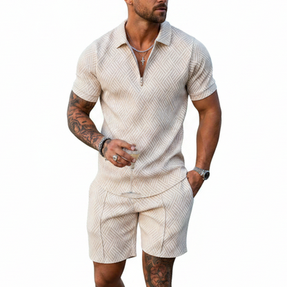 Men's Geometric Print Short Sleeve Polo Shirt with Matching Shorts Set