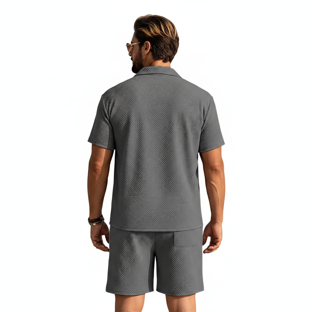 Men's Summer Two Piece Set with Textured Short Sleeve Shirt