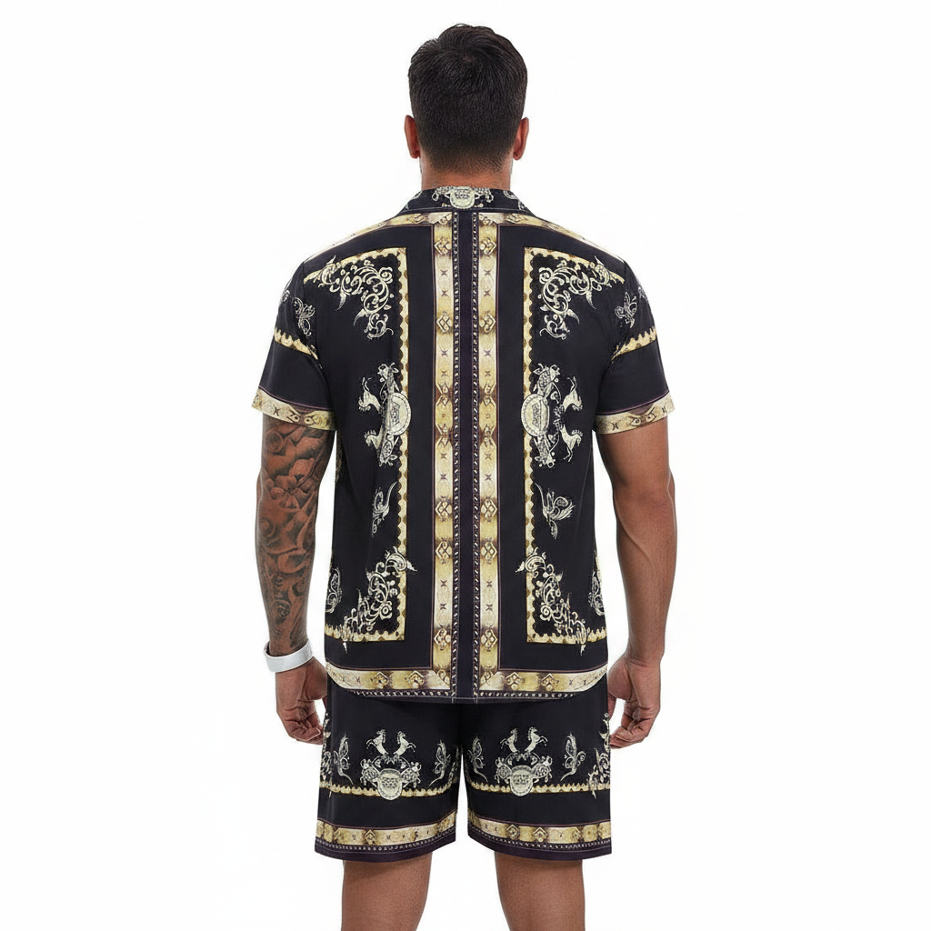 Men's Baroque Print Short Sleeve Button Down Shirt with Drawstring Shorts Set