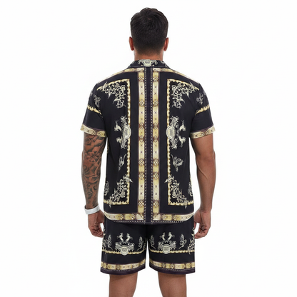Men's Baroque Print Short Sleeve Button Down Shirt with Drawstring Shorts Set