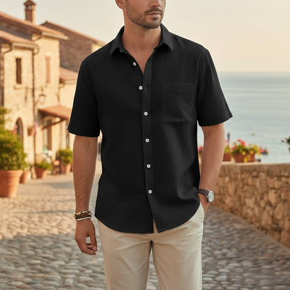 Men's Linen Short Sleeve Button Down Shirt with Chest Pocket