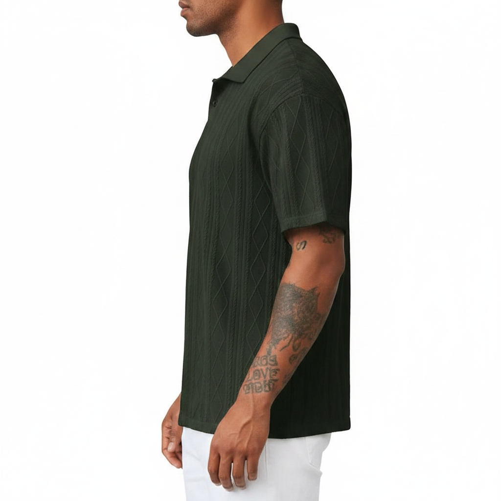 Men's Textured Short Sleeve Polo Shirt in Cotton Blend Fabric
