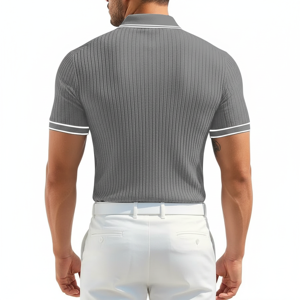 Men's Ribbed Polo Shirt with Short Sleeves for Summer Wear