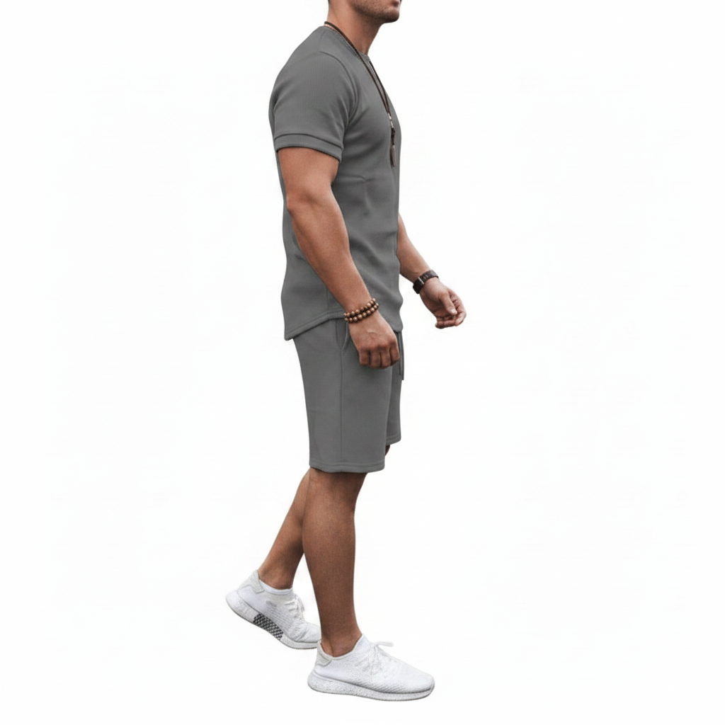 Men's Textured Short Sleeve T-Shirt with Drawstring Shorts Set