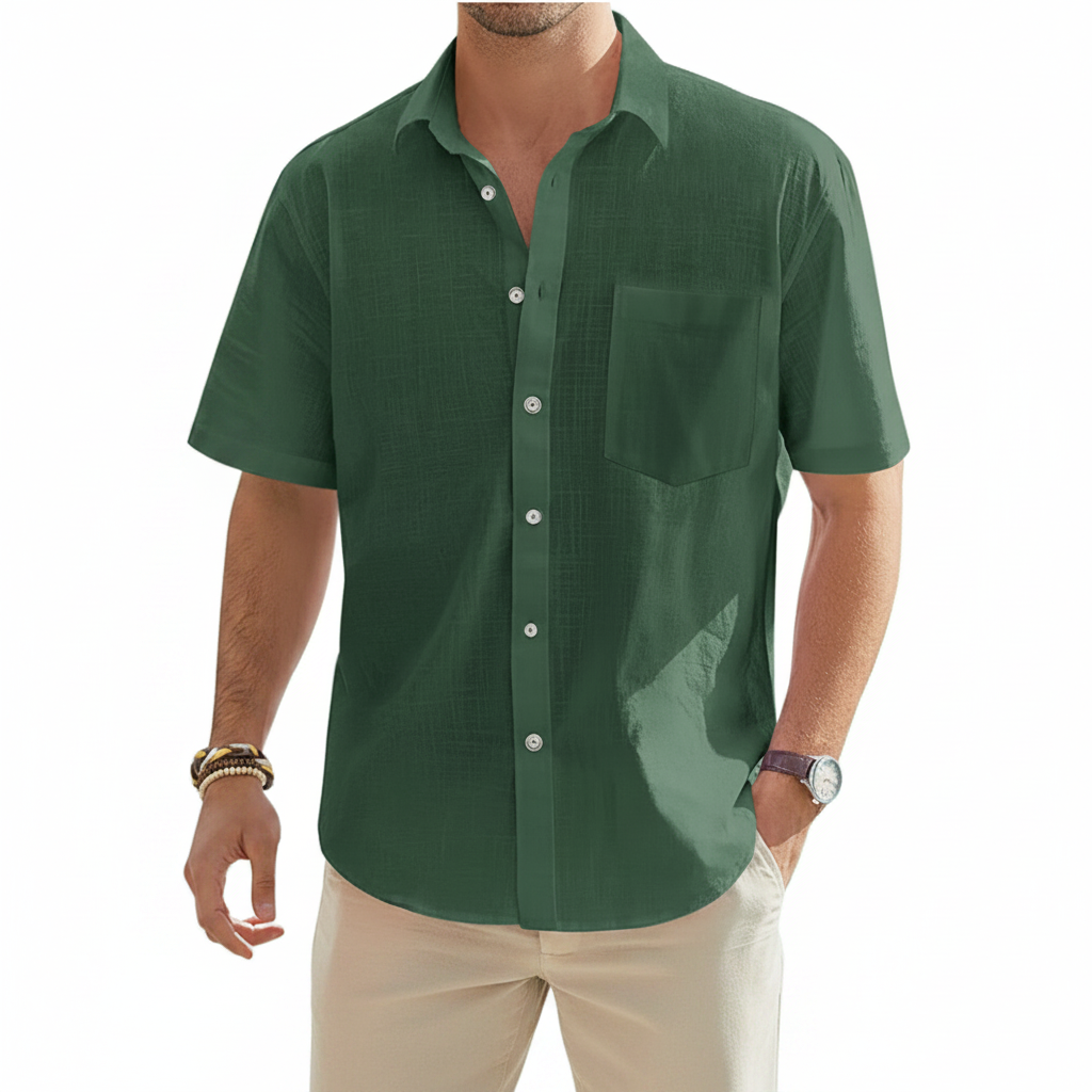 Men's Linen Short Sleeve Button Down Shirt with Chest Pocket