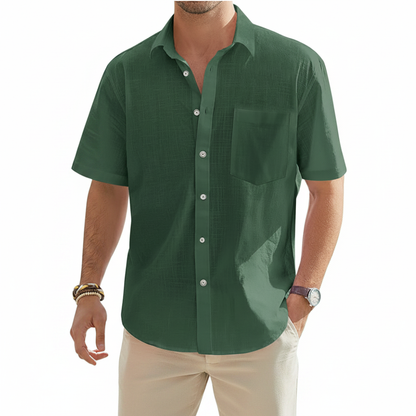 Men's Linen Short Sleeve Button Down Shirt with Chest Pocket