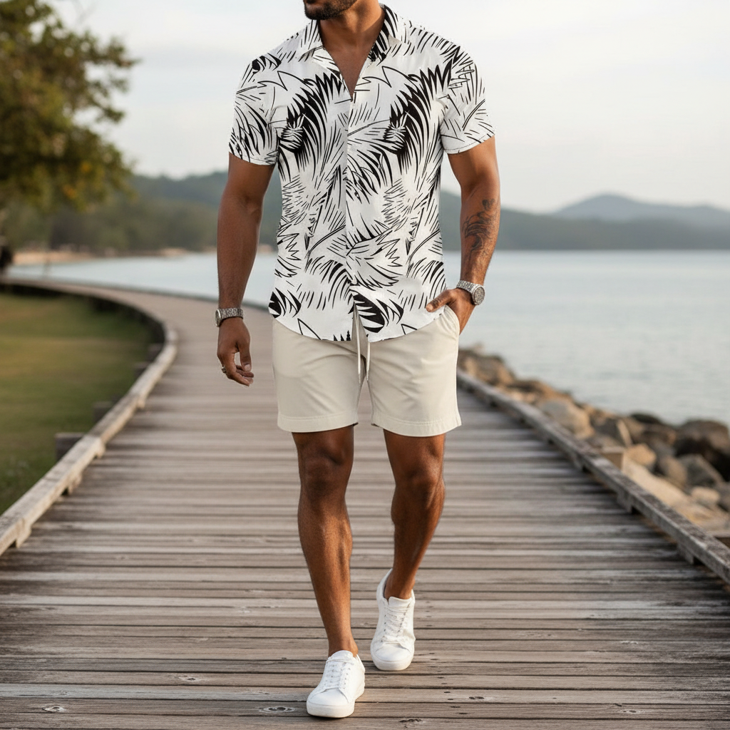 Men's Baroque Print Short Sleeve Button Down Shirt with Drawstring Shorts Set