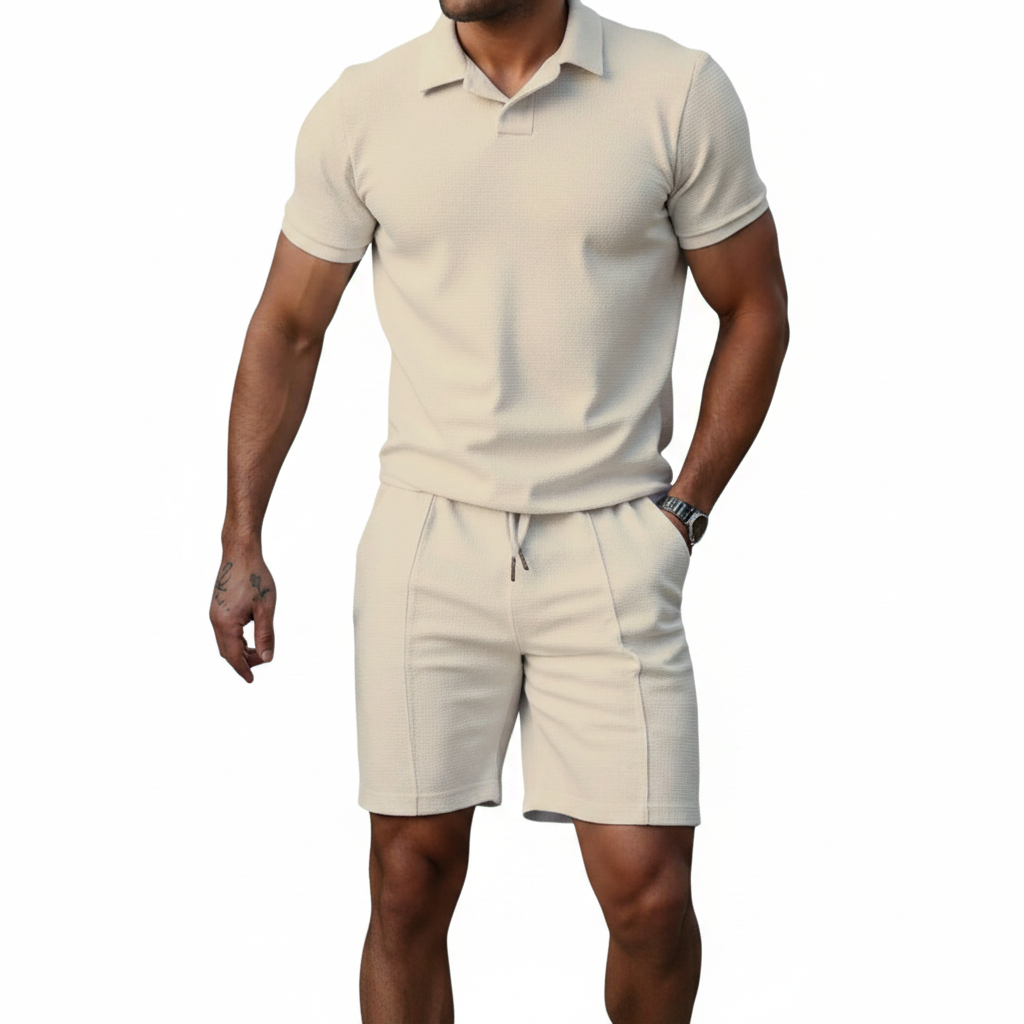 Men's Geometric Print Short Sleeve Polo Shirt with Matching Shorts Set