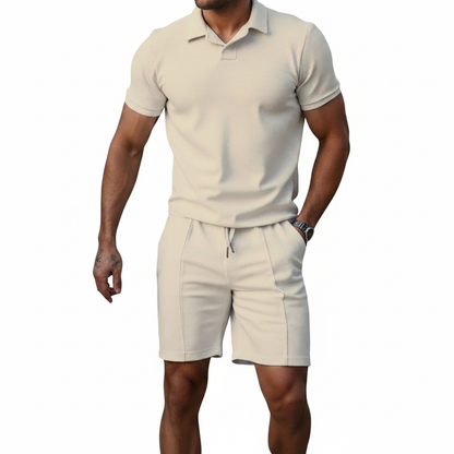 Men's Geometric Print Short Sleeve Polo Shirt with Matching Shorts Set