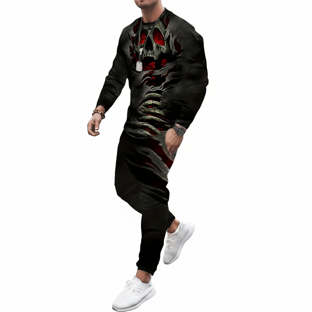 Men's Skull Print Long Sleeve Sweatshirt with Jogger Pants Set