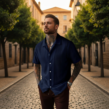 Men's Textured Button Down Shirt with Short Sleeves