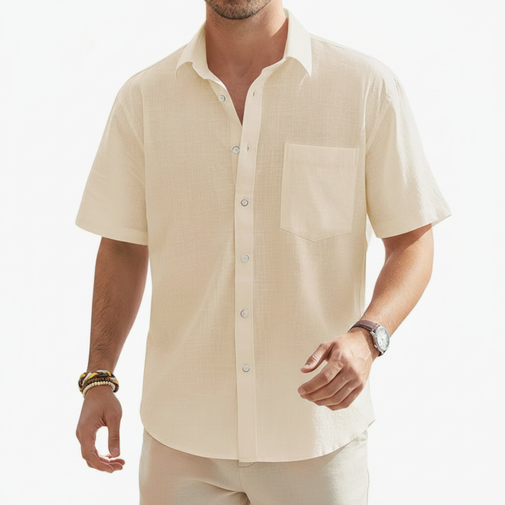 Men's Linen Short Sleeve Button Down Shirt with Chest Pocket