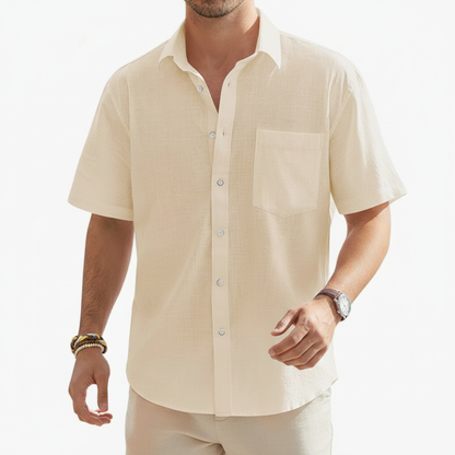 Men's Linen Short Sleeve Button Down Shirt with Chest Pocket