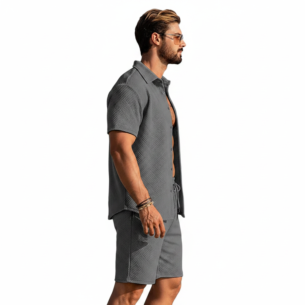 Men's Summer Two Piece Set with Textured Short Sleeve Shirt