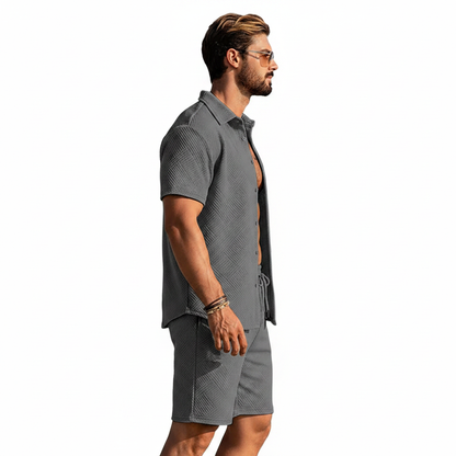Men's Summer Two Piece Set with Textured Short Sleeve Shirt
