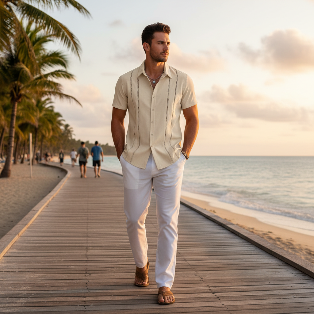 Men's Short Sleeve Button Down Shirt with Vertical Stripe Print