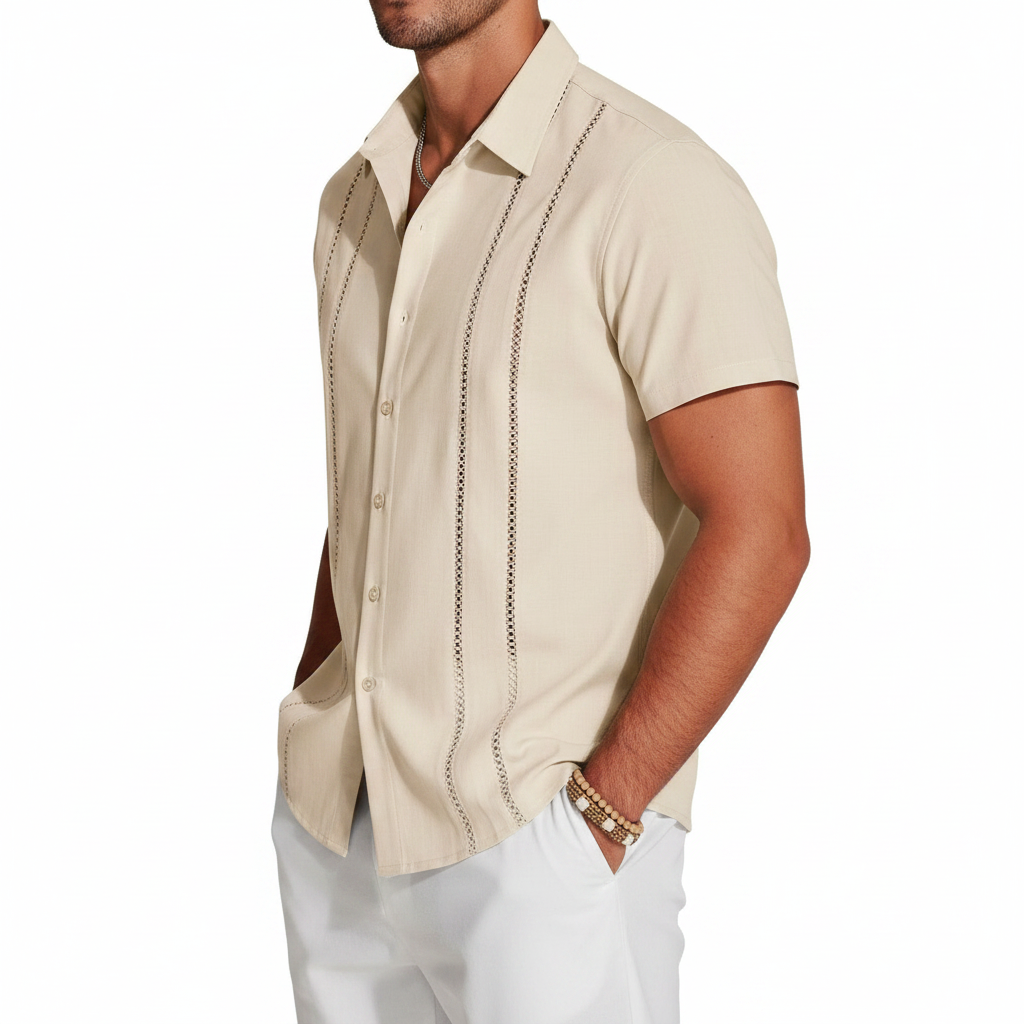 Men's Short Sleeve Button Down Shirt with Vertical Stripe Print