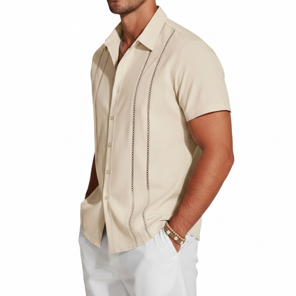 Men's Short Sleeve Button Down Shirt with Vertical Stripe Print