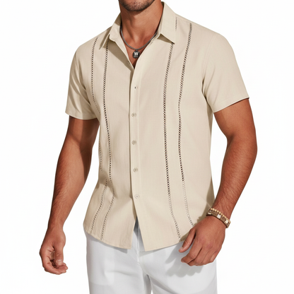 Men's Short Sleeve Button Down Shirt with Vertical Stripe Print