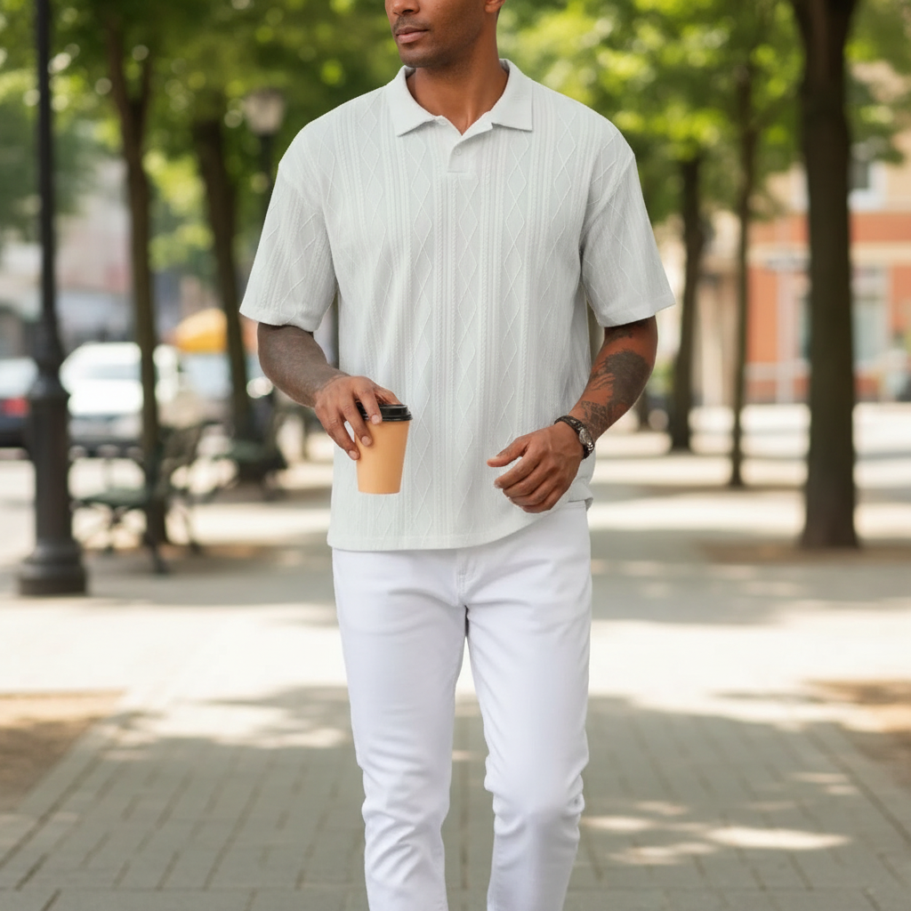 Men's Textured Short Sleeve Polo Shirt in Cotton Blend Fabric