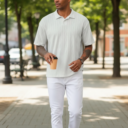Men's Textured Short Sleeve Polo Shirt in Cotton Blend Fabric