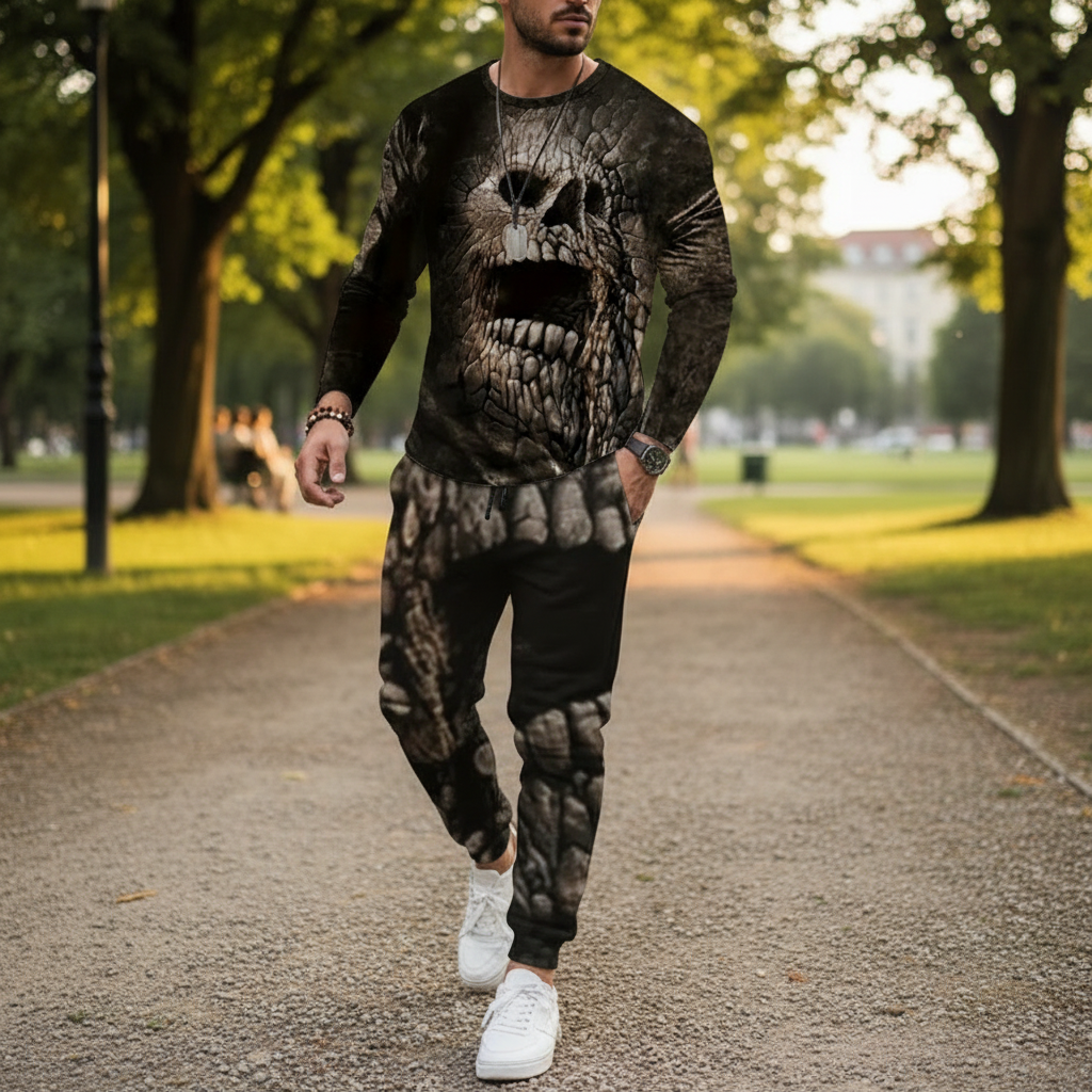 Men's Skull Print Long Sleeve Sweatshirt with Jogger Pants Set