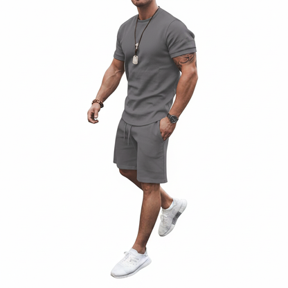 Men's Textured Short Sleeve T-Shirt with Drawstring Shorts Set