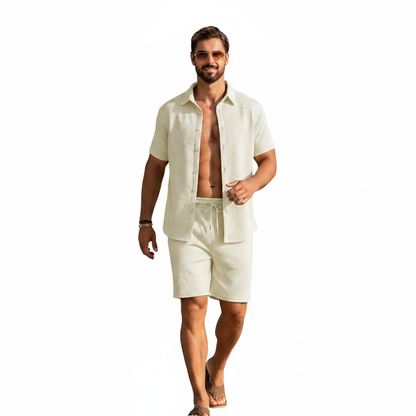 Men's Summer Two Piece Set with Textured Short Sleeve Shirt
