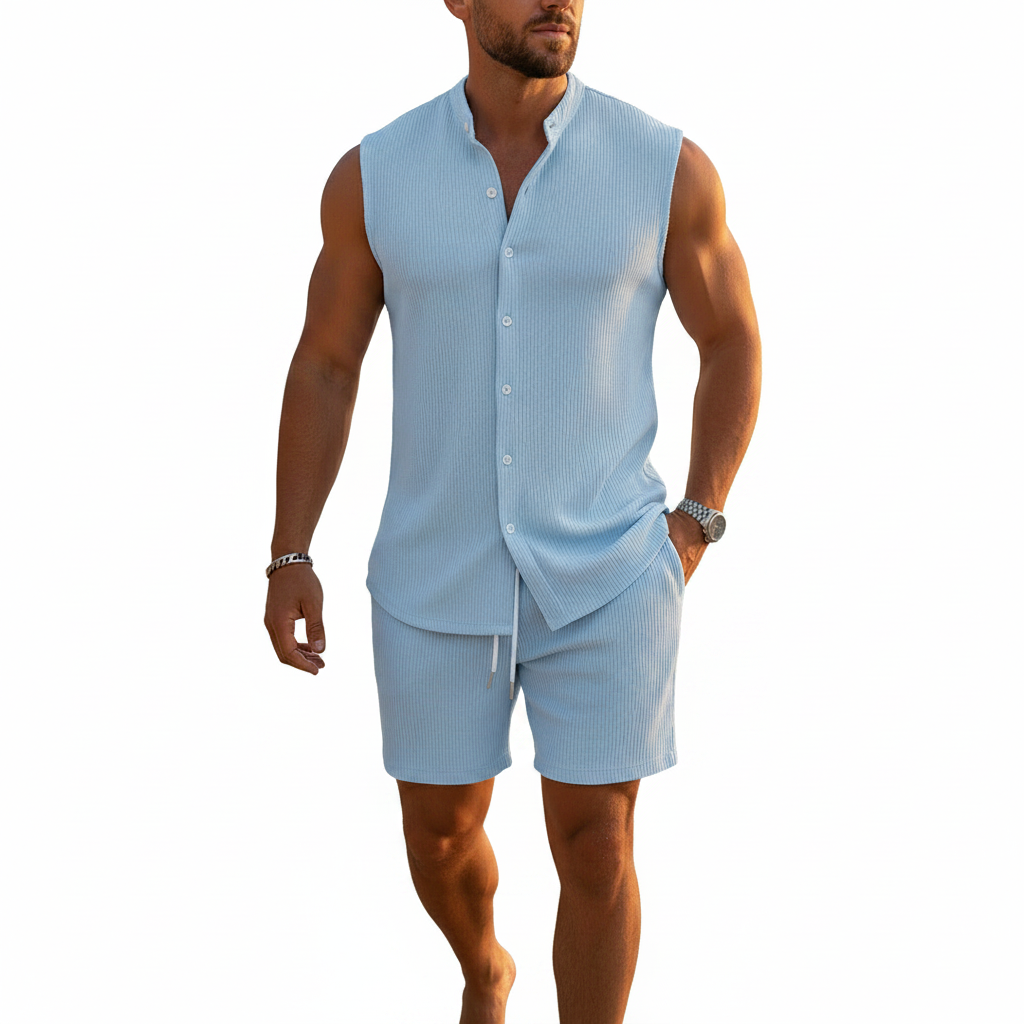 Men's Summer Two Piece Outfit with Sleeveless Button Down Shirt