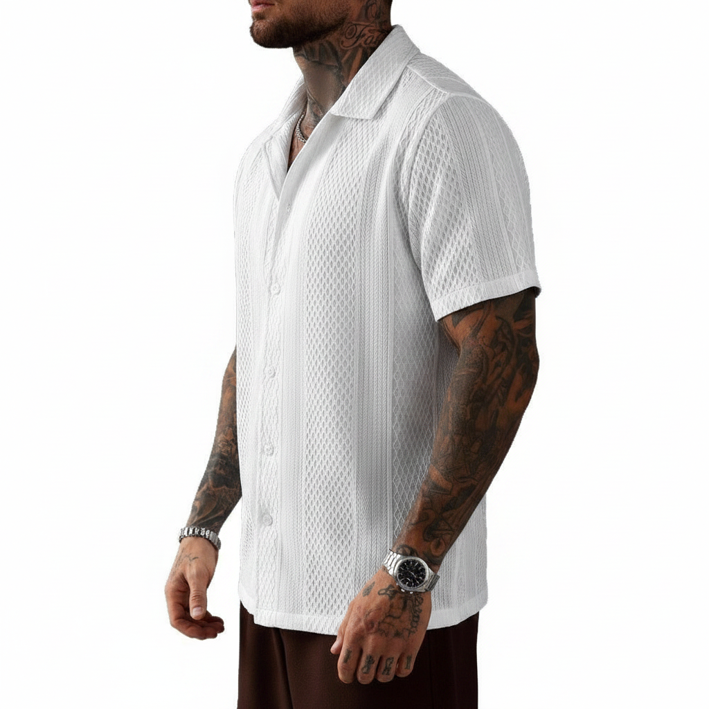 Men's Textured Button Down Shirt with Short Sleeves
