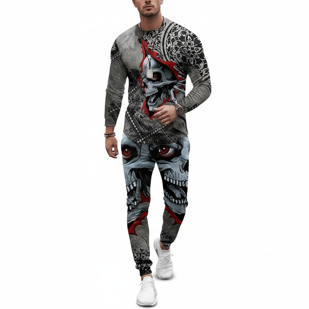 Men's Skull Print Long Sleeve Sweatshirt with Jogger Pants Set