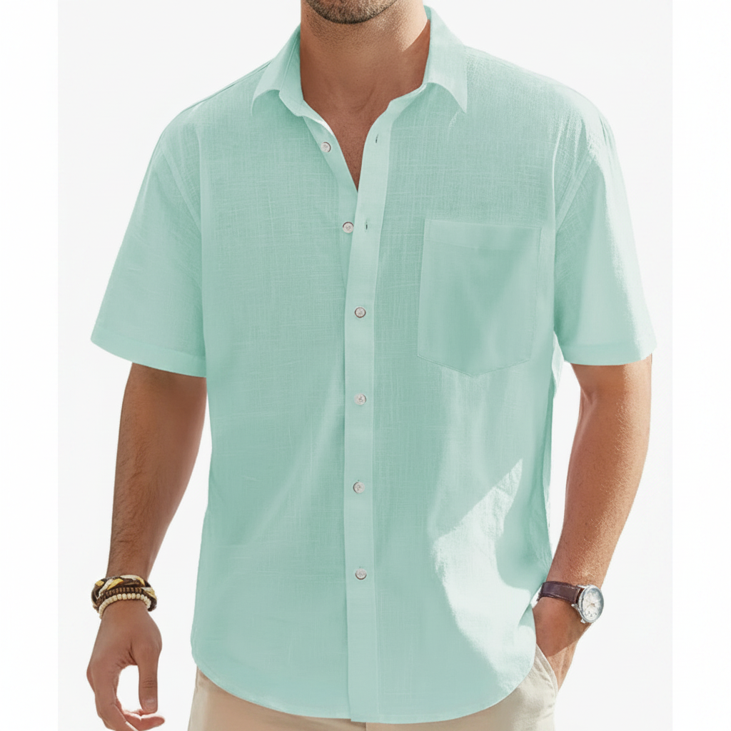 Men's Linen Short Sleeve Button Down Shirt with Chest Pocket