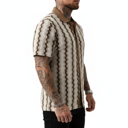 Men's Geometric Stripe Button Down Shirt with Textured Knit Design