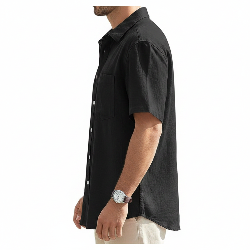 Men's Linen Short Sleeve Button Down Shirt with Chest Pocket