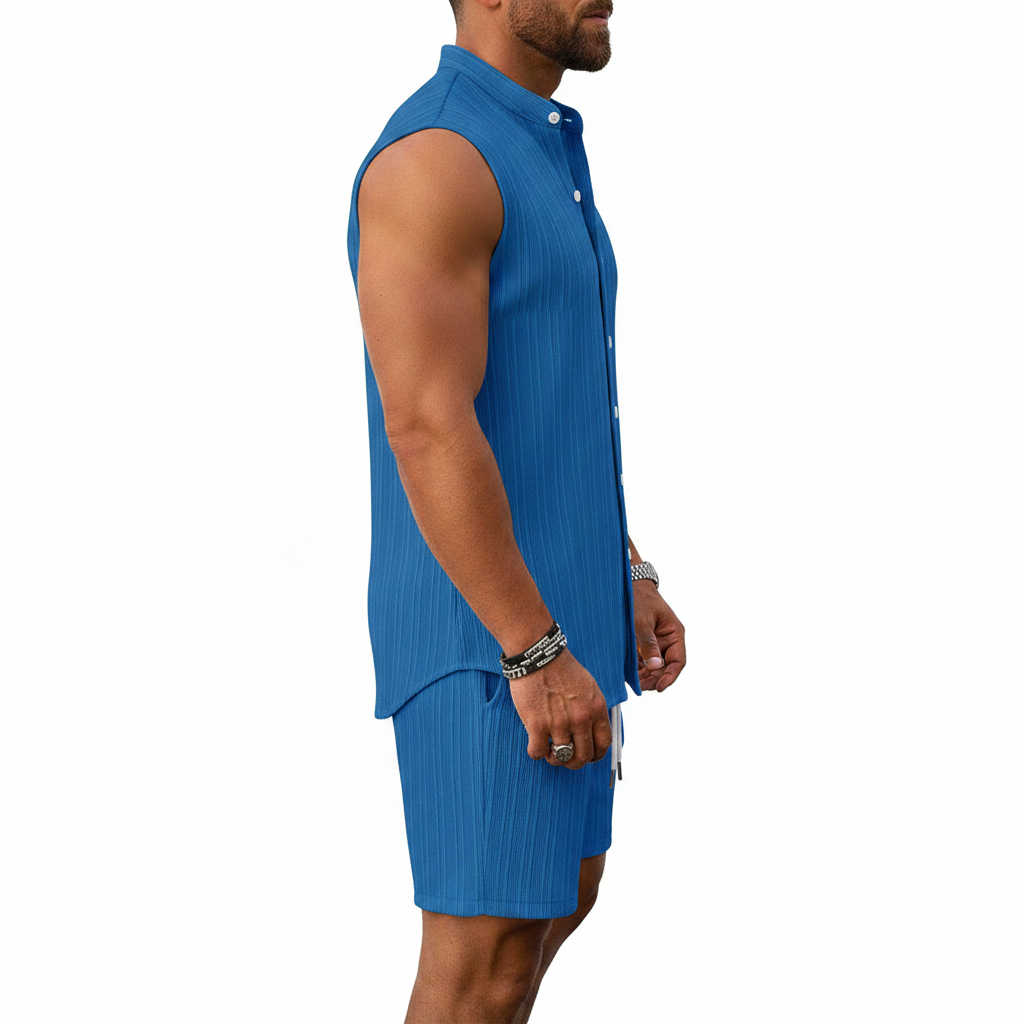 Men's Summer Two Piece Outfit with Sleeveless Button Down Shirt