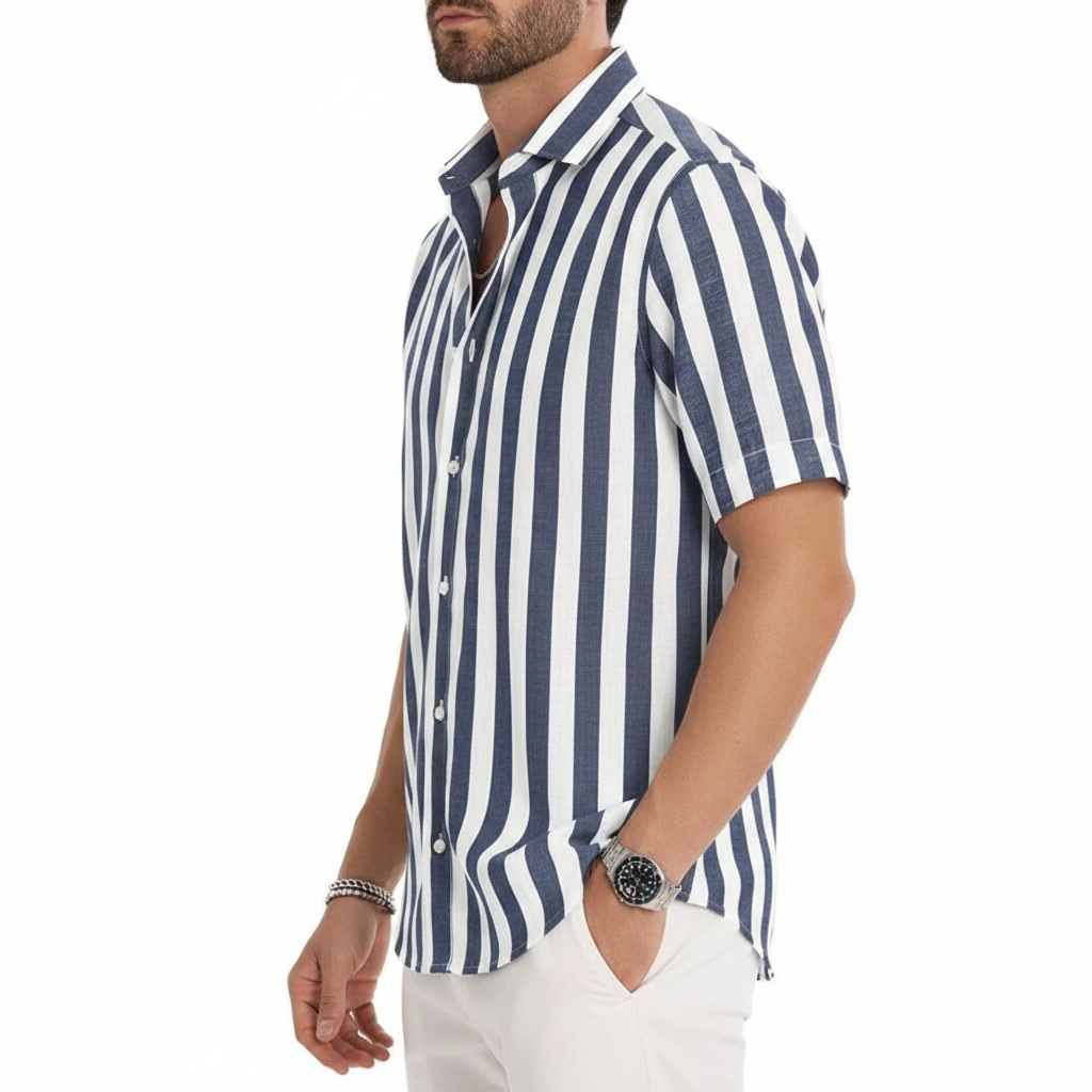 Men's Vertical Striped Short Sleeve Button Down Shirt