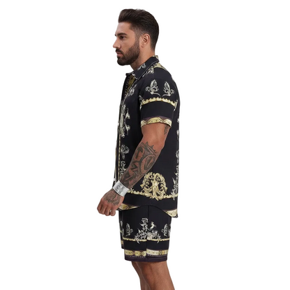 Men's Baroque Print Short Sleeve Button Down Shirt with Drawstring Shorts Set