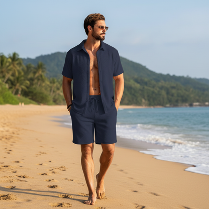 Men's Summer Two Piece Set with Textured Short Sleeve Shirt