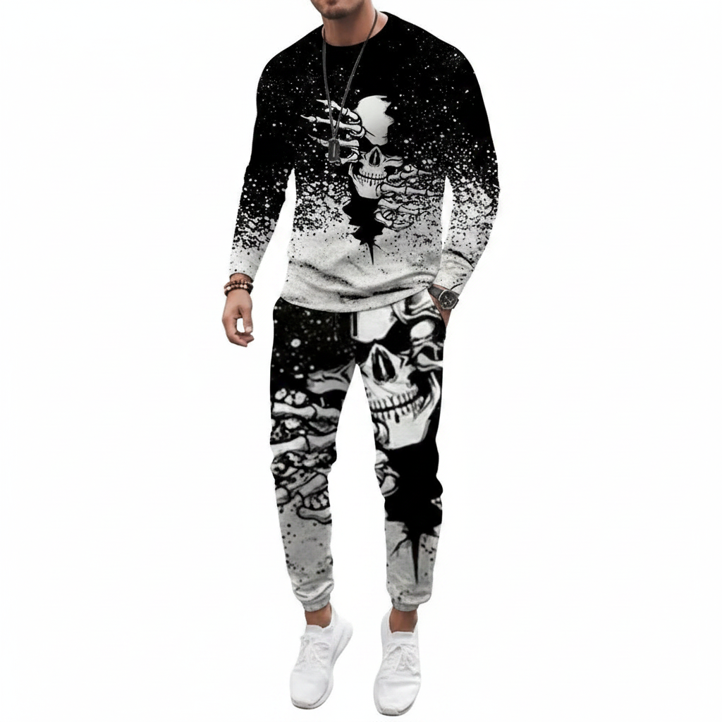 Men's Skull Print Long Sleeve Sweatshirt with Jogger Pants Set