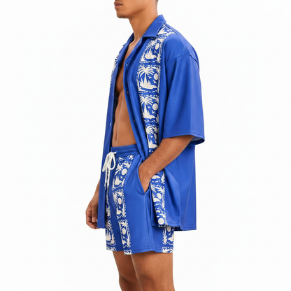 Men's Baroque Print Short Sleeve Button Down Shirt with Drawstring Shorts Set