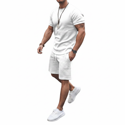 Men's Textured Short Sleeve T-Shirt with Drawstring Shorts Set