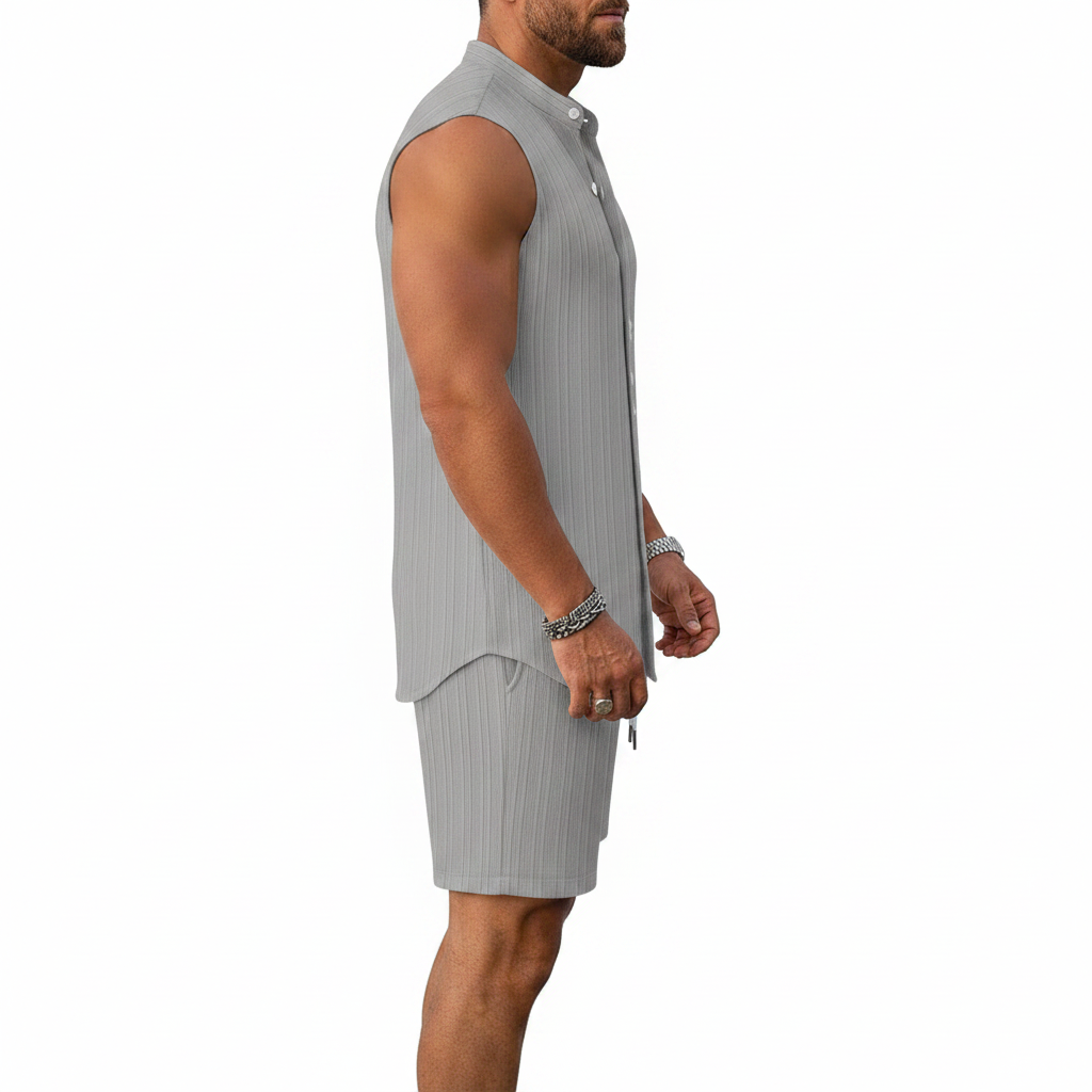 Men's Summer Two Piece Outfit with Sleeveless Button Down Shirt