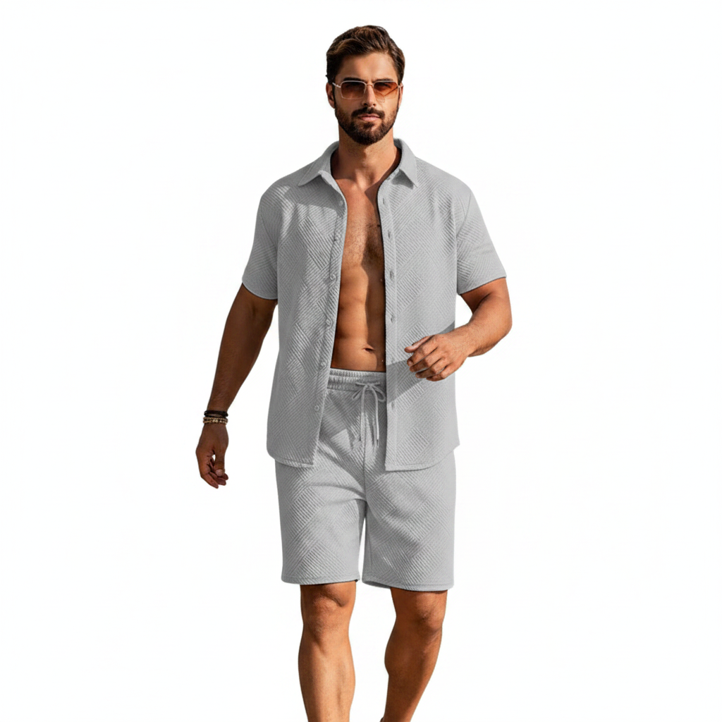 Men's Summer Two Piece Set with Textured Short Sleeve Shirt