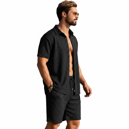 Men's Summer Two Piece Set with Textured Short Sleeve Shirt