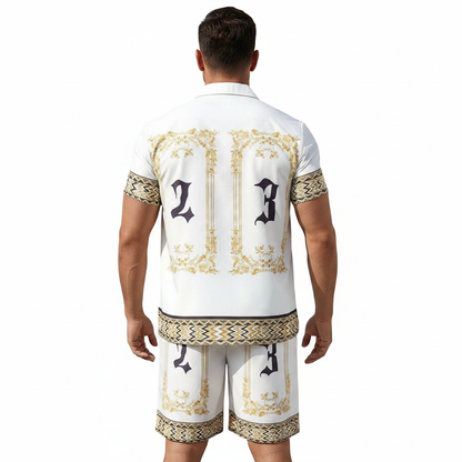 Men's Baroque Print Short Sleeve Button Down Shirt with Drawstring Shorts Set