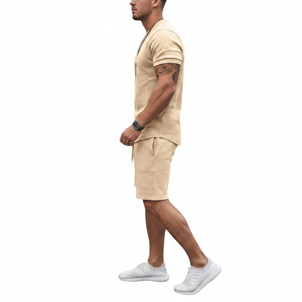 Men's Textured Short Sleeve T-Shirt with Drawstring Shorts Set
