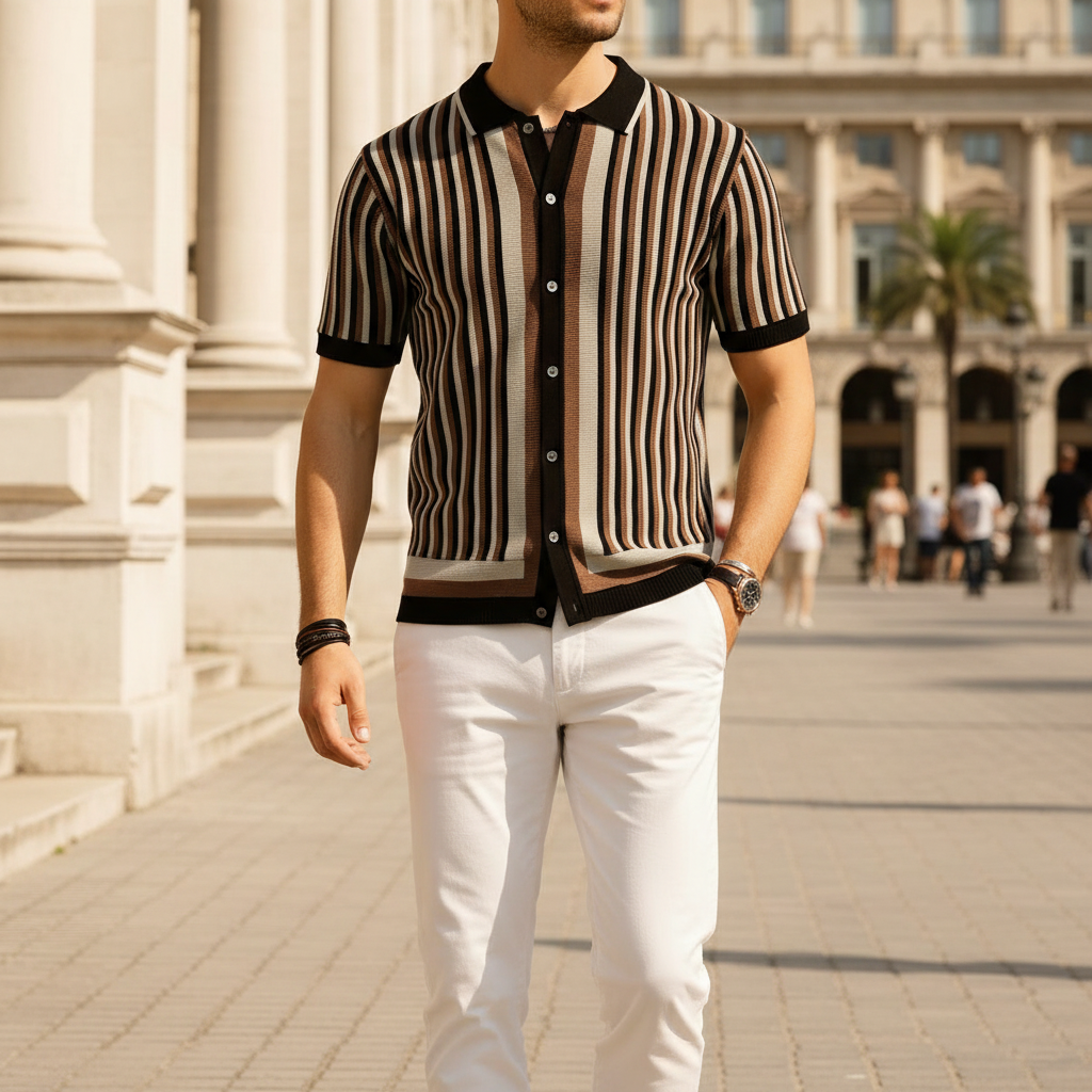 Men's Vertical Striped Short Sleeve Polo Shirt